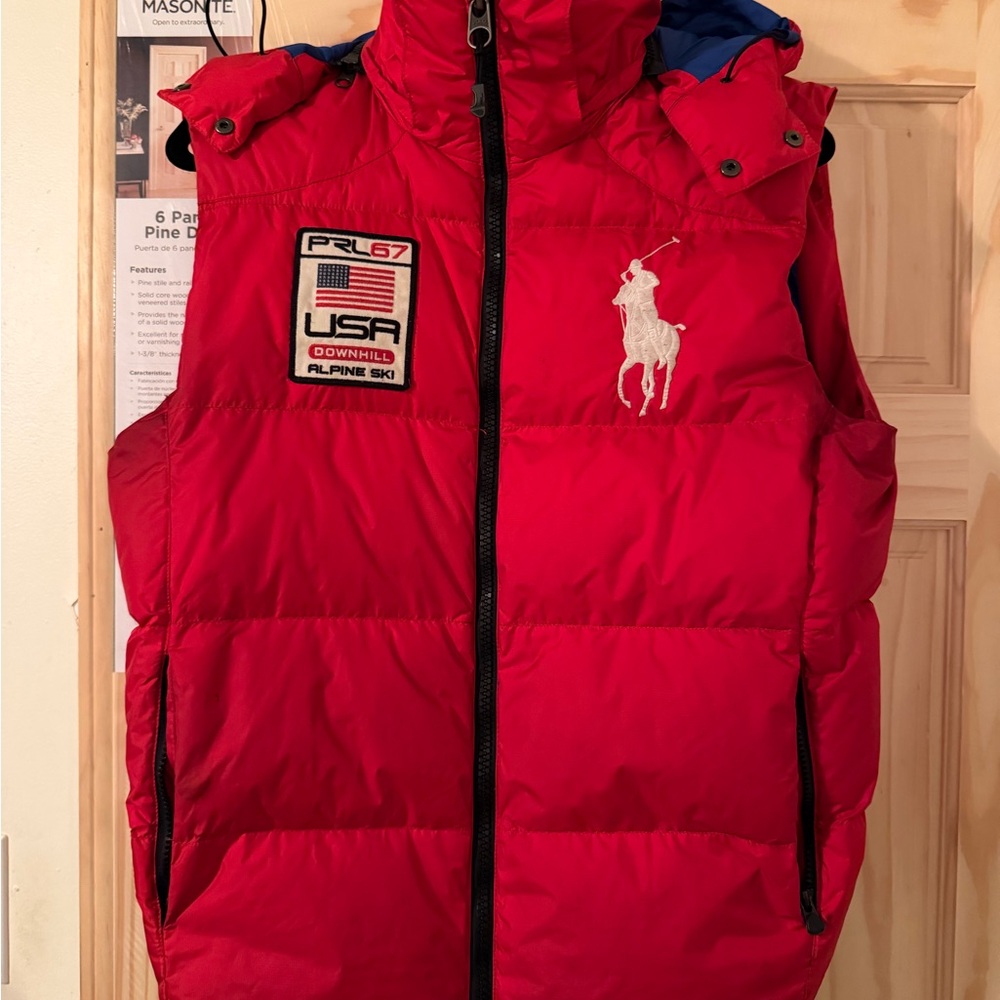 Polo Ralph Lauren PRL67 Red Down Jacket Hood USA Alpine Ski Patch